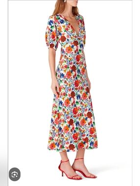 Rixo Floral V-Neck Puff Sleeve Midi Dress in Multicolor